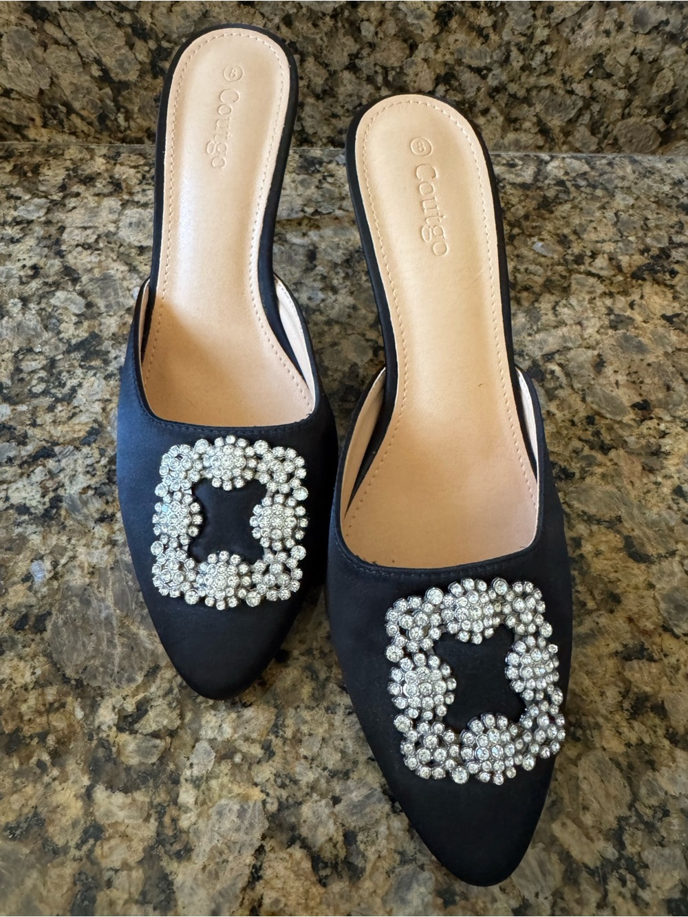Contigo Black Slip-On Mules with Crystal Buckle
